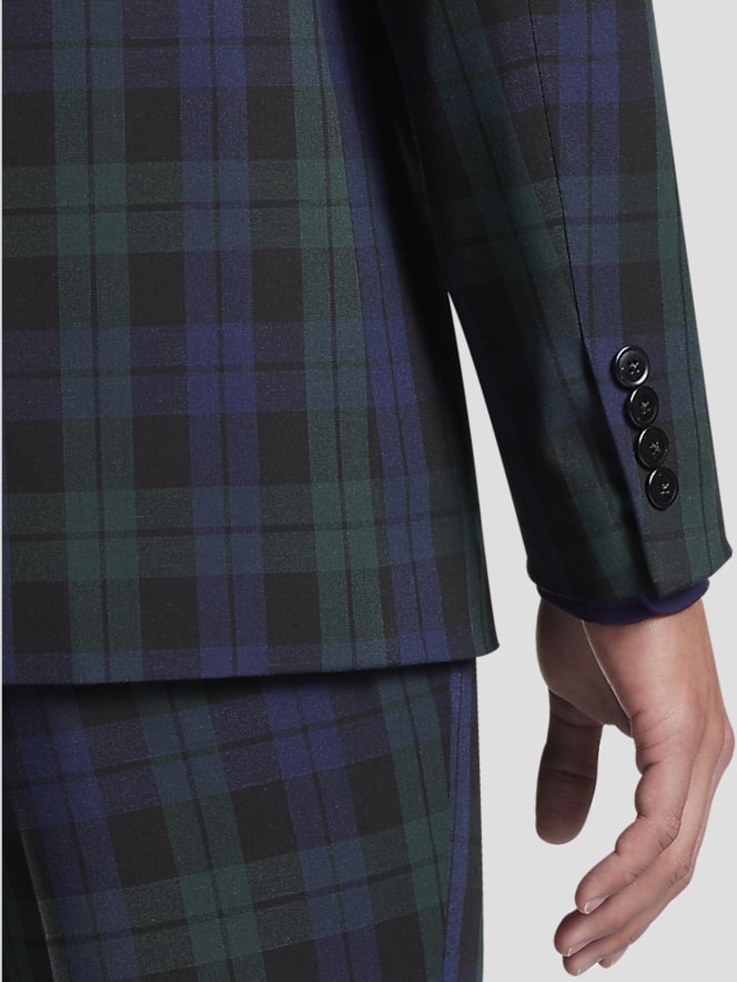 Egara Skinny Fit Peak Lapel Suit Jacket, Green/Blue Tartan Plaid - Image 2 of 4