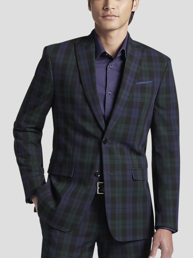 Egara Skinny Fit Peak Lapel Suit Jacket, Green/Blue Tartan Plaid - Image 1 of 4