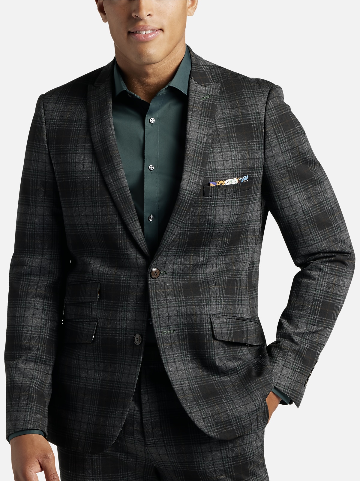 Jos. A. Bank Men's Tailored Fit Plaid Topcoat Clearance, Charcoal Plaid, 46 Long
