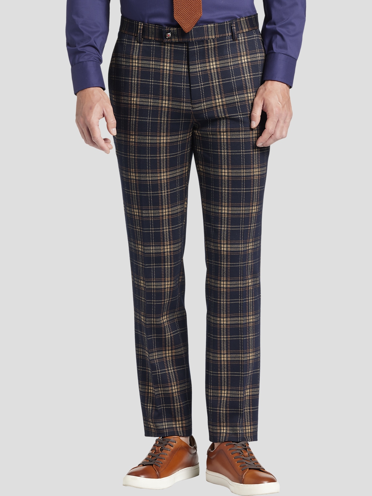 Slim Fit Grey Navy Plaid Pants - Benjamin's Menswear