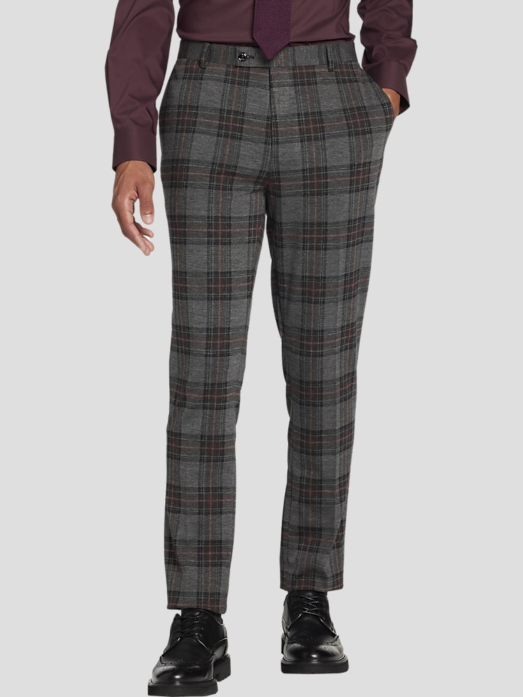 Gray Burgundy Slim Fit Groom Wedding Plaid Pants for Men