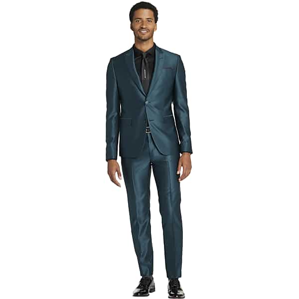 Egara Skinny Fit Peak Lapel Shiny Men's Suit Separates Jacket Teal - Size: 44 Long