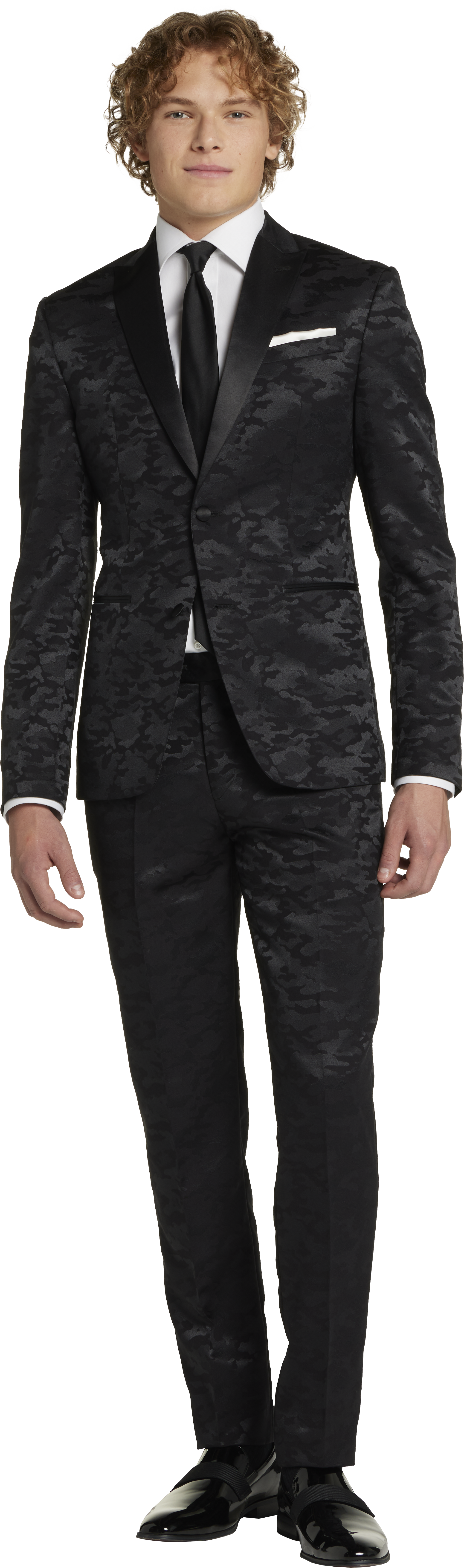 Skinny Fit Peak Lapel Satin Camouflage Tuxedo Jacket