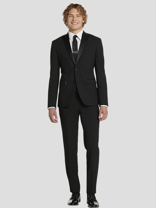 Egara Men's Skinny Fit Satin Peak Lapel Tuxedo Jacket , Formal Black