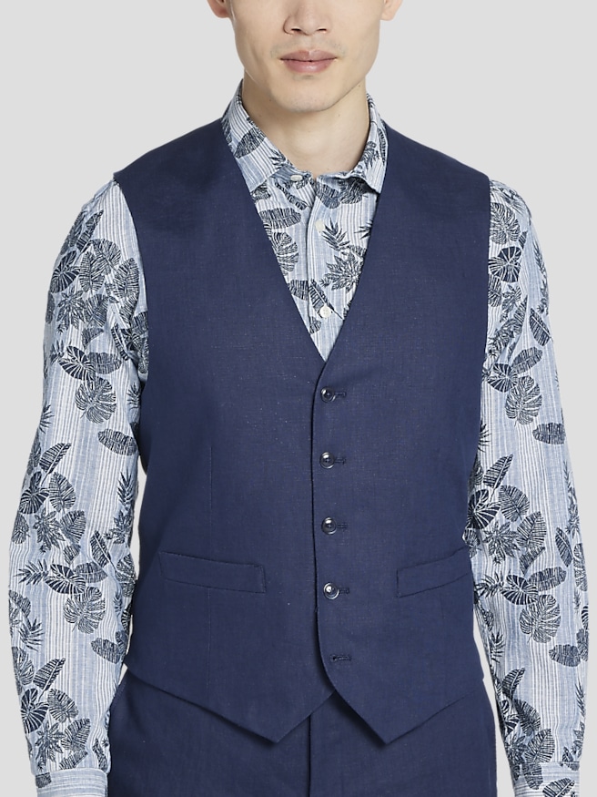 Tommy Hilfiger Modern Fit Linen Men's Suit Vest , Navy Solid / Blue