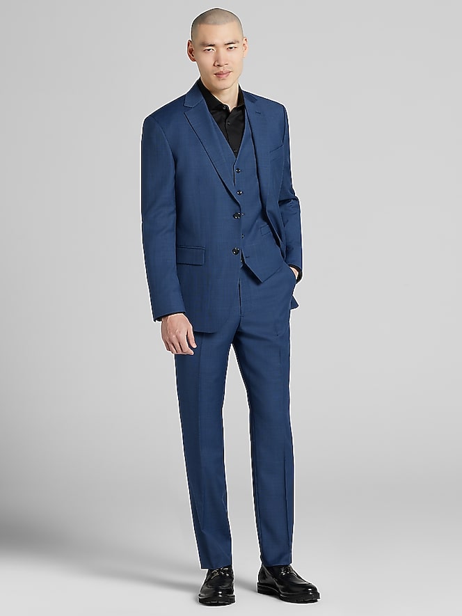 Pronto Uomo Platinum Modern Fit Premium Wool Blend Suit Jacket, Navy Sharkskin - Image 5 of 7