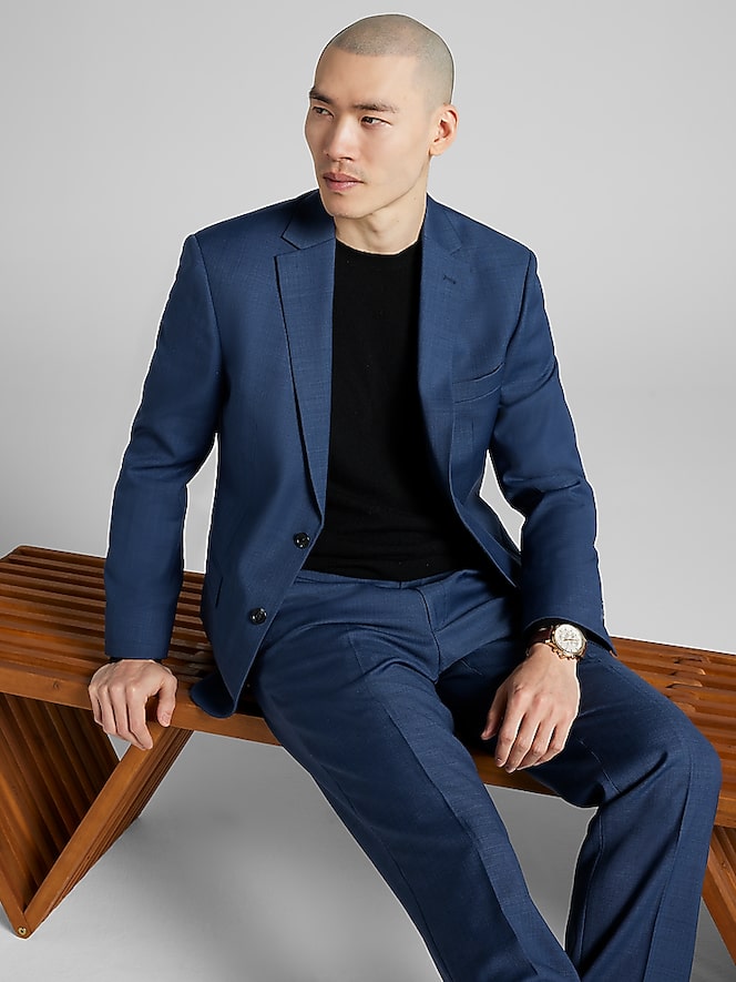 Pronto Uomo Platinum Modern Fit Premium Wool Blend Suit Jacket, Navy Sharkskin - Image 7 of 7