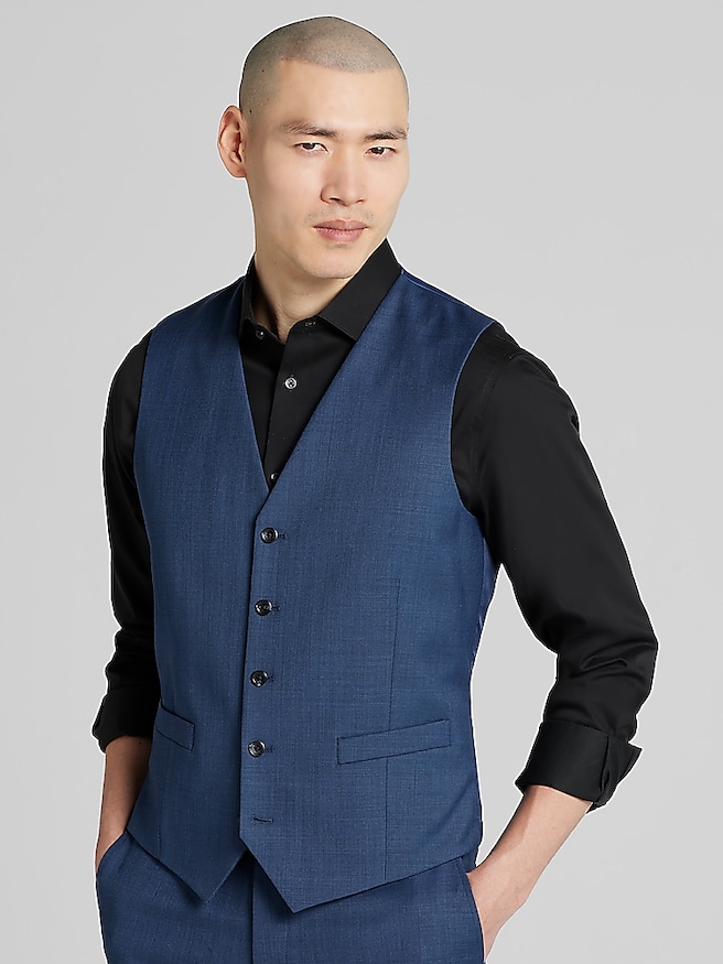 Pronto Uomo Platinum Men's Modern Fit Wool Blend Suit Vest , Navy Sharkskin / Blue