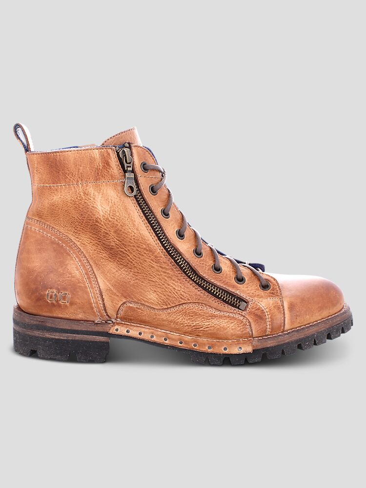 Bed Stu Brown Leather Boots lace up side zip distressed upper display picture 1
