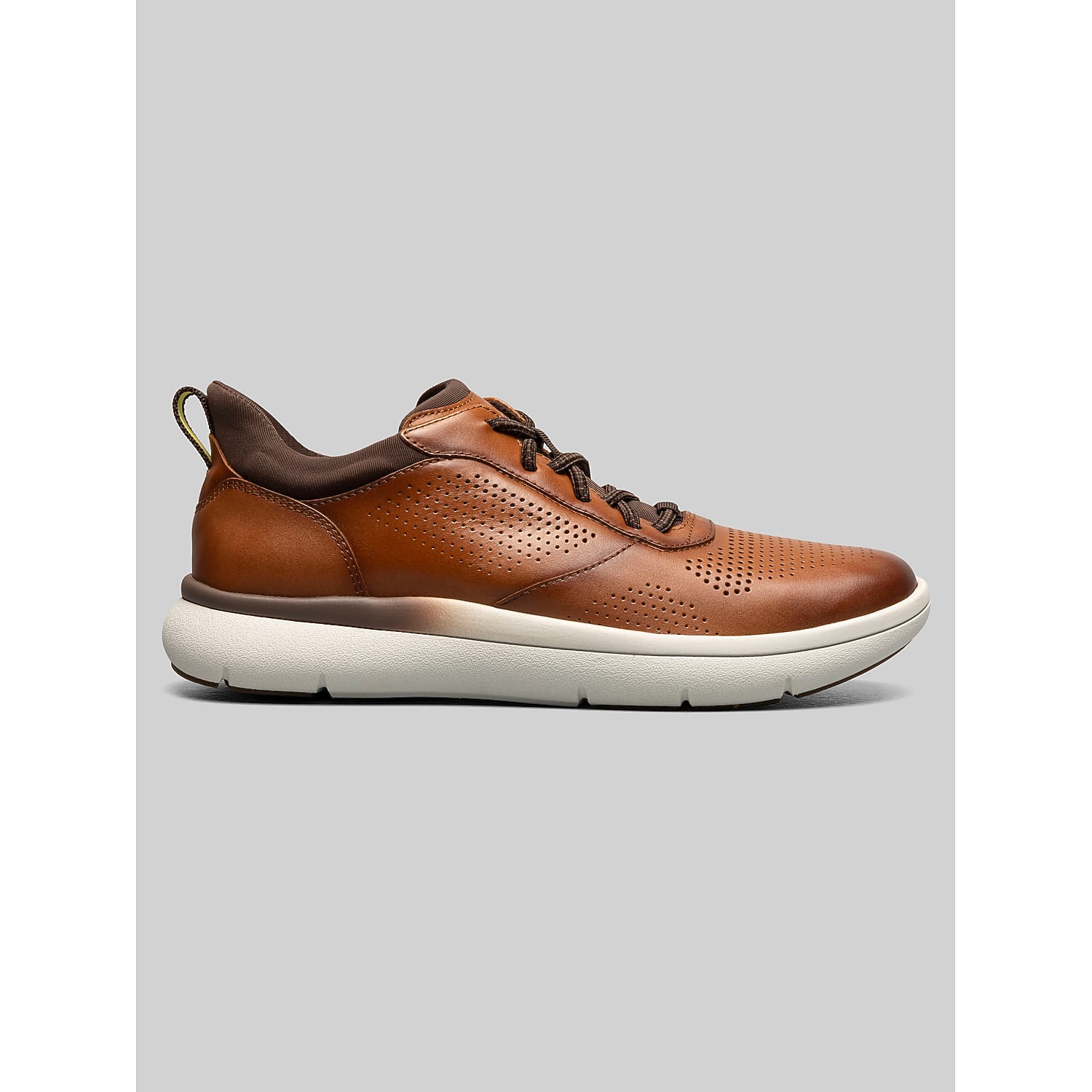 Florsheim Fleet Perforated Toe Elastic Lace Leather Sneaker in Cognac Tan – Casual Dress Sneaker for Men, Size 11 Wide