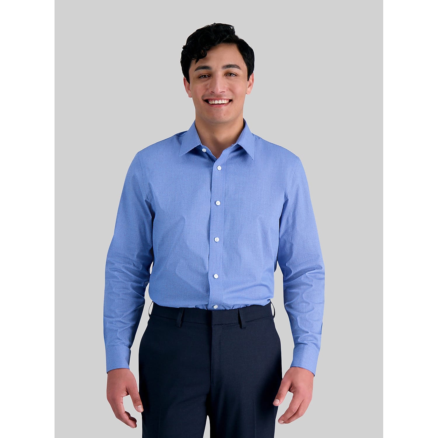 Haggar Classic Fit Blue Dobby Stretch Cotton Blend Casual Shirt – Long Sleeve Button-Down, Size 17 34/35