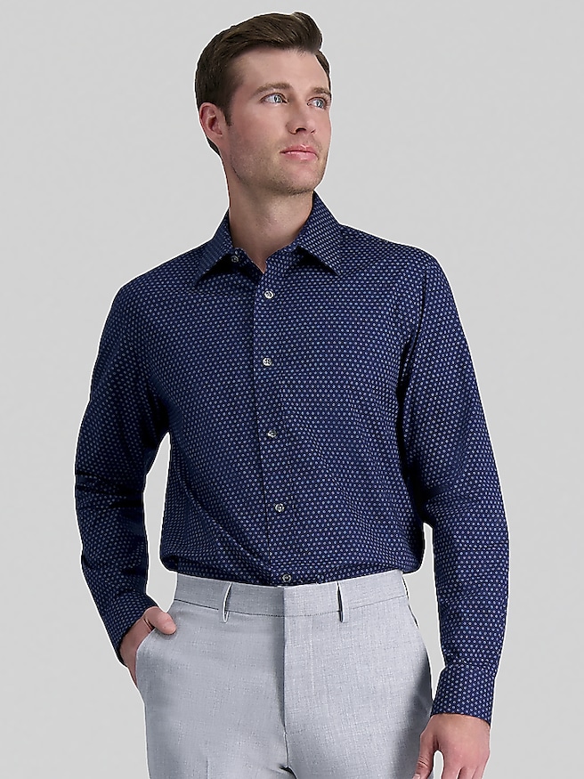 Haggar Men's Premium Comfort Classic Fit Floral Geo Dress Shirt , Blue Fancy