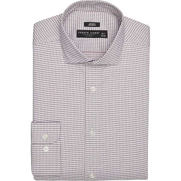 Pronto Uomo Men's Modern Fit Check Spread Collar Dress Shirt Burgundy - Size: 17 32/33 - Only Available at Men's Wearhouse