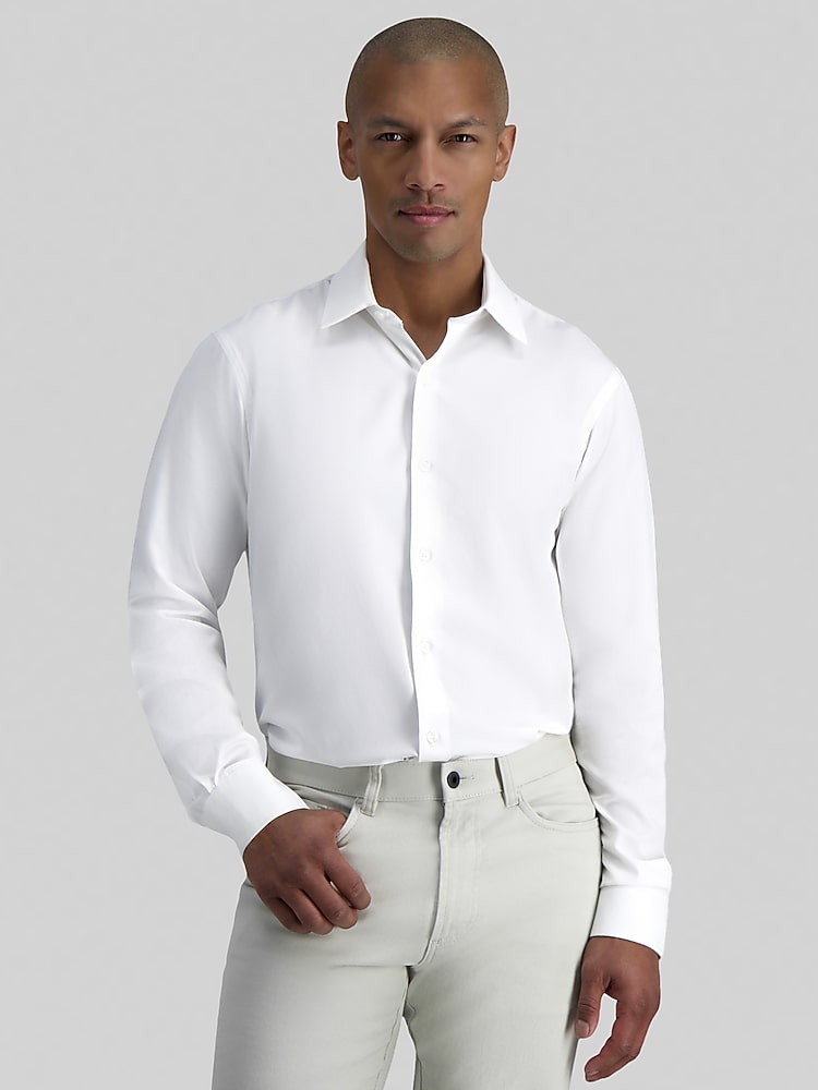Smart Wash Slim Fit Solid Color Dress Shirt | White Solid - Size: 17.5 34/35