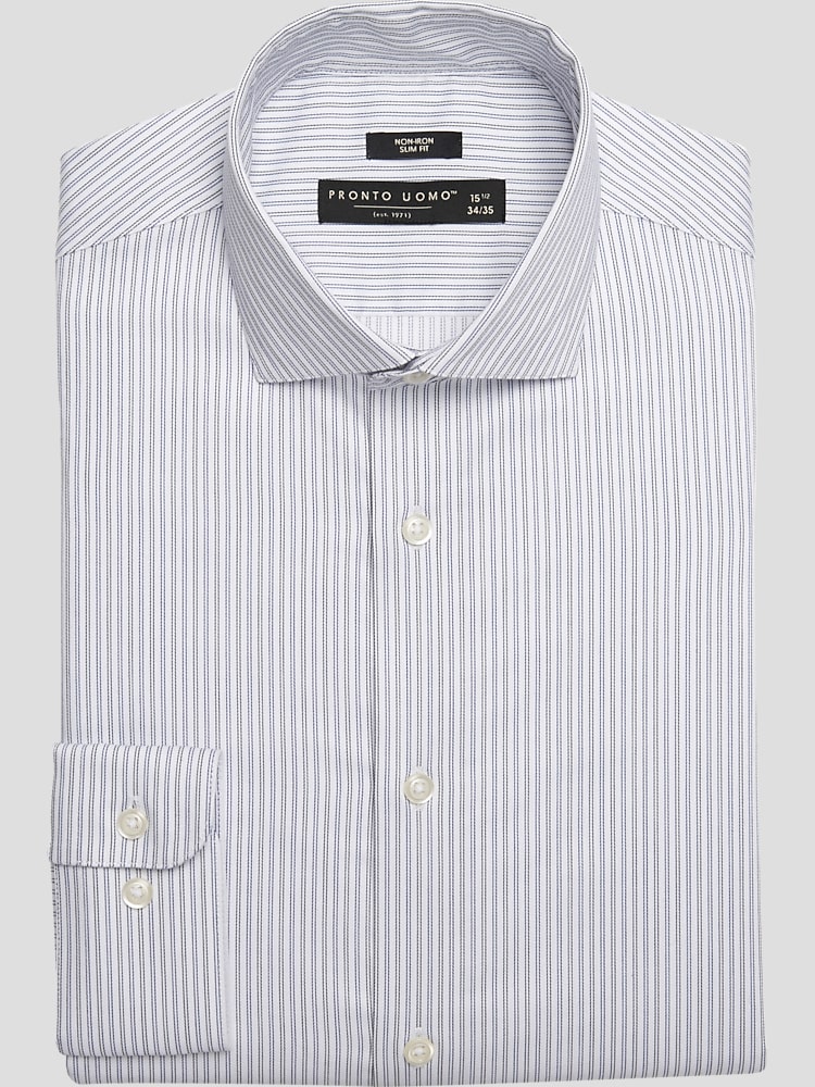 Slim Fit Stripe Spread Collar Dress Shirt | Blue - Size: 17.5 32/33
