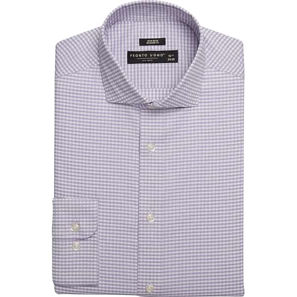 Pronto Uomo Big & Tall Mens Modern Fit Grid Spread Collar Dress Shirt Lavender - Size: 20 34/35 - Only Available at Mens Wearhouse