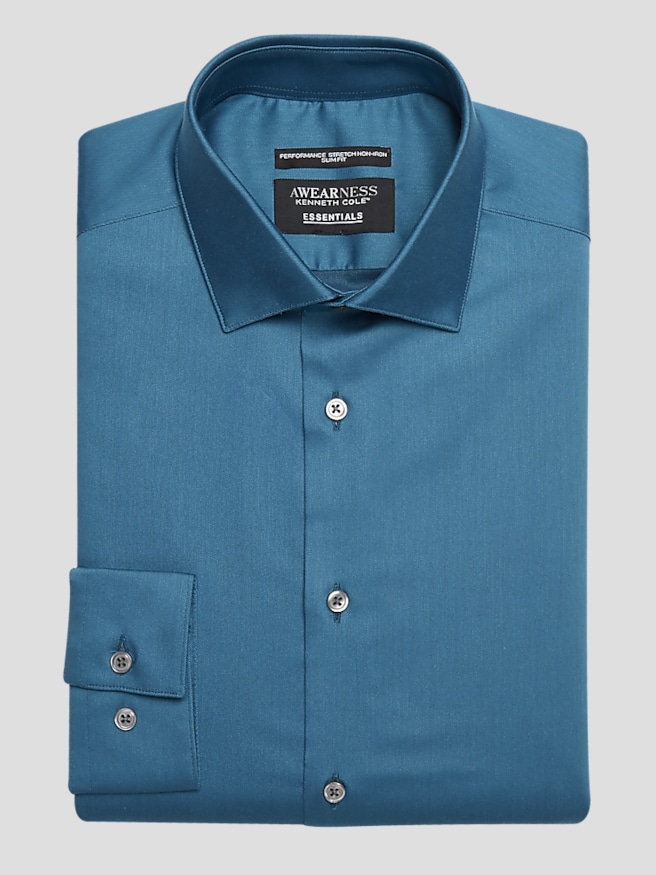 Awearness Kenneth Cole Big & Tall Men's Slim Fit Ultra Performance Stretch Solid Dress Shirt , Teal / Blue