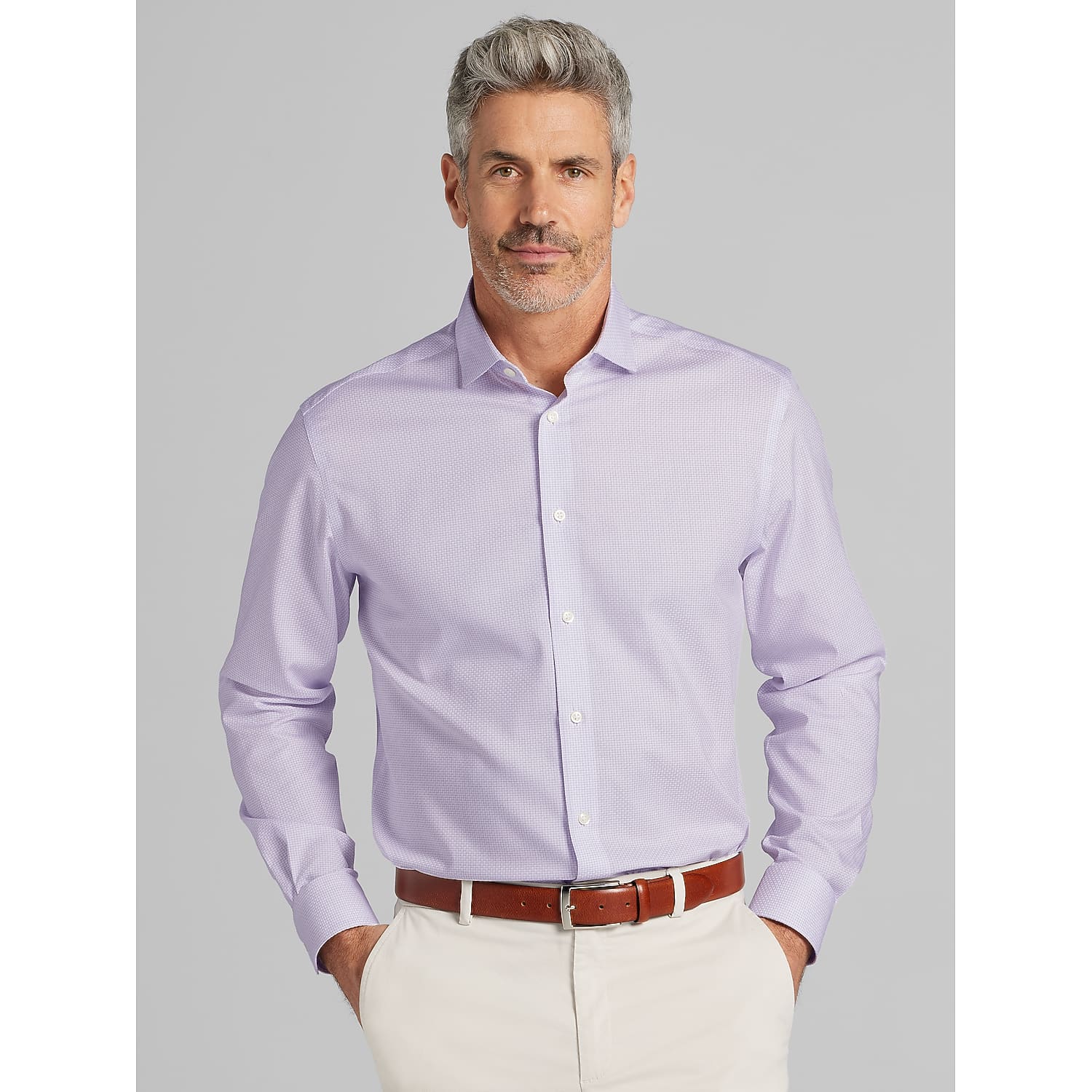Pronto Uomo Big & Tall Classic Fit Cotton Blend Dress Shirt in Purple Mini Grid – Size 18 32/33 Button-Down for Office and Smart Casual