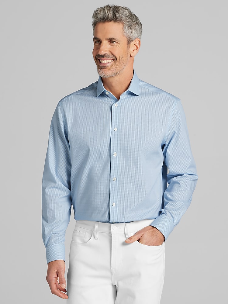 blue grid dress shirt Men's Navy/White Grid Dress Shirt: Performance Stretch
