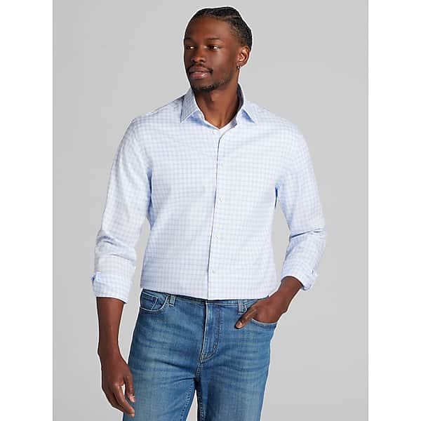 Joseph Abboud Men's Modern Fit 100% Cotton Plaid Spread Collar Dress Shirt Lt Blue - Size: 19 36/37 TMW59B790723