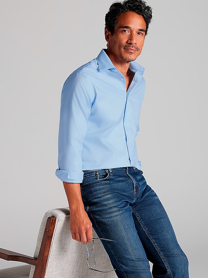 Joseph Abboud Modern Fit Wrinkle-Resistant 100% Cotton Dress Shirt, Blue - Image 8 of 9