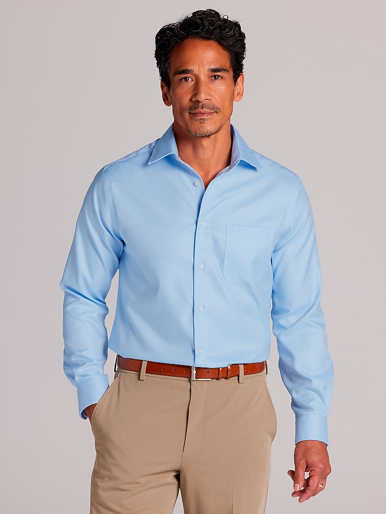white christmas dresses Men's Slim Fit Solid White Spread Collar Wrinkle Free 100% Cotton Dress Shirt, 15 / 34/35 main image 1