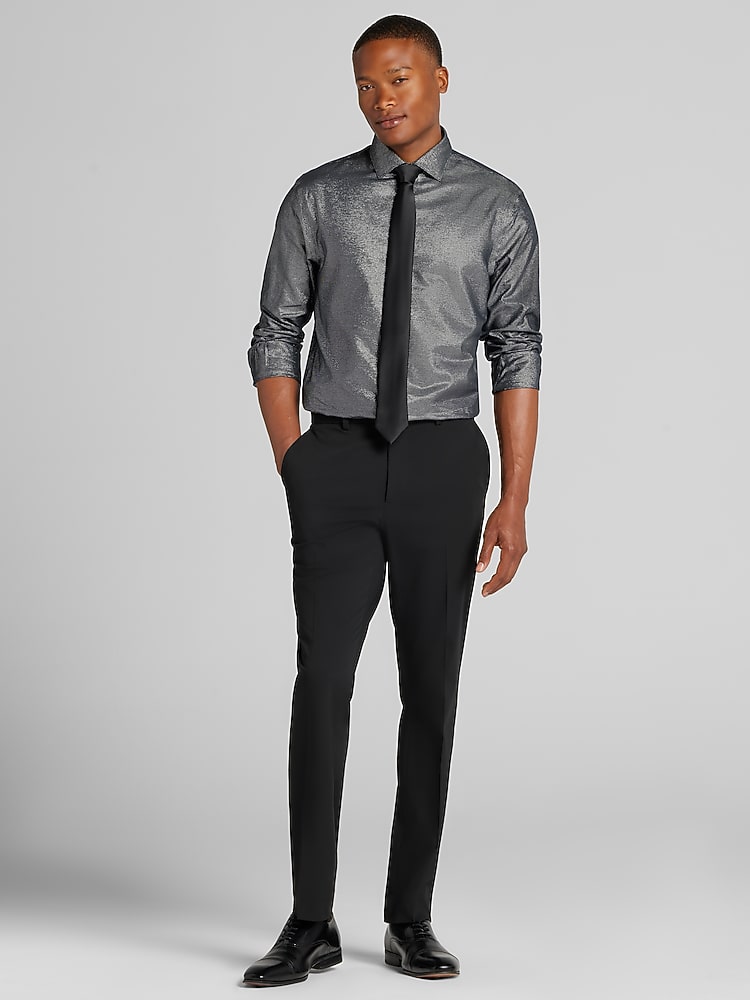 Egara Big & Tall Mens Skinny Fit Twill Dress Shirt in Black  Tailored Long-Sleeve Button-Down, Size 15 36/37
