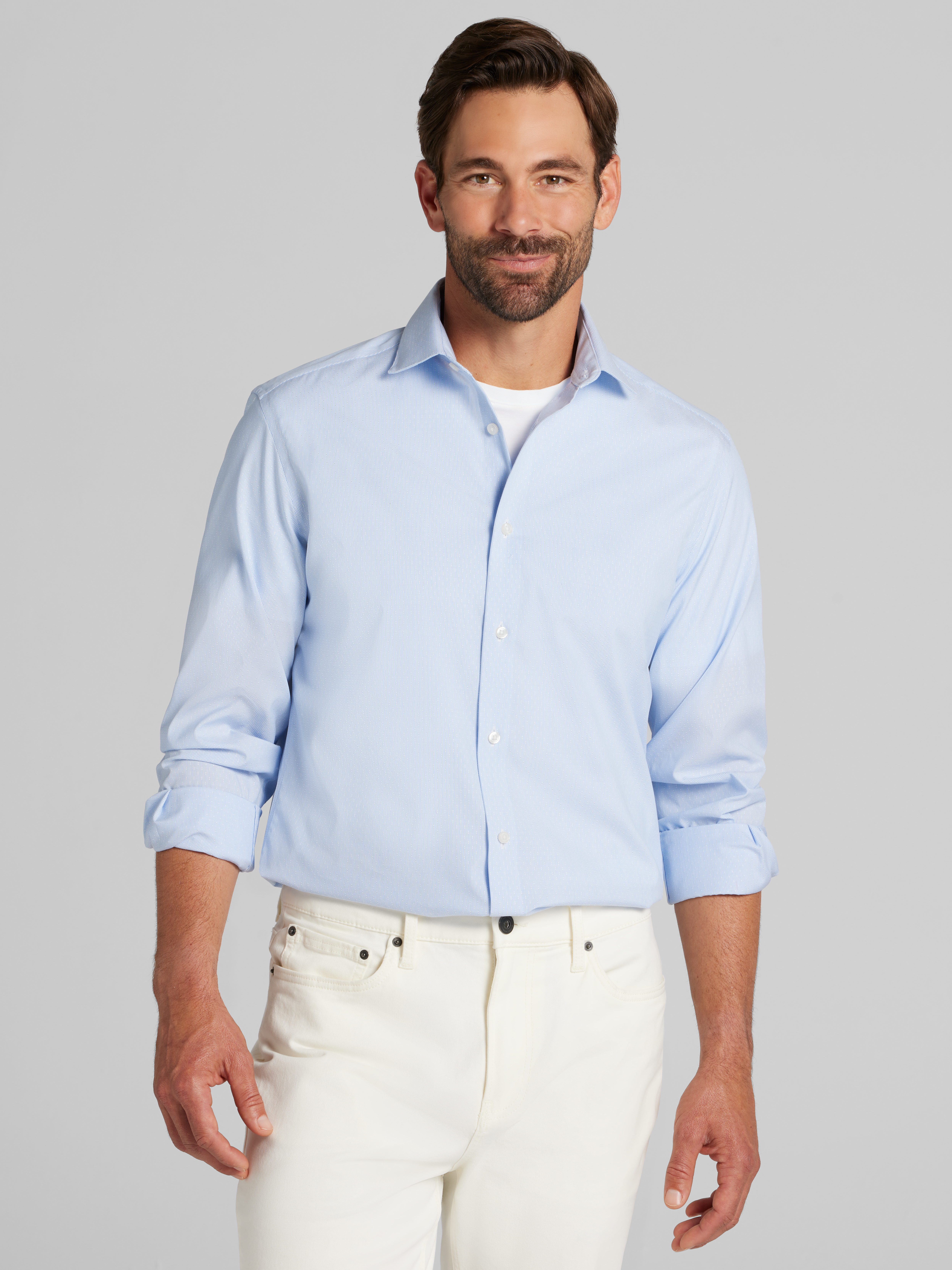 slim fit dress slacks Men's Linen-Look Band Collar Shirt – Perry Ellis main image 1