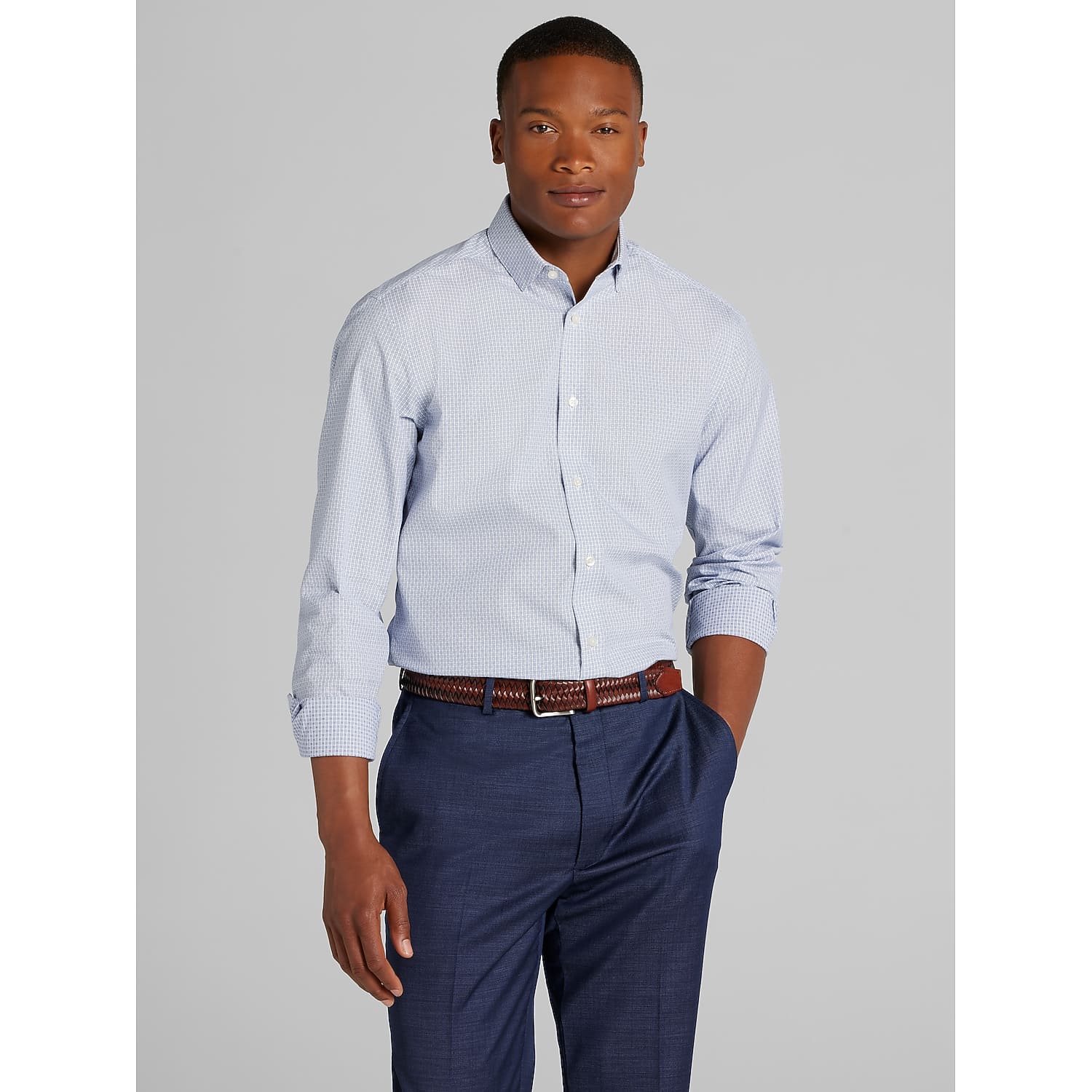 Awearness Kenneth Cole Slim Fit Ultra Stretch Plaid Dress Shirt in Mid Blue – Non Iron Men’s Button Down, Size 17 32/33