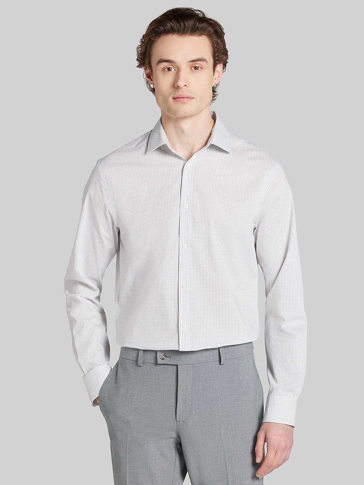 Egara Mens Skinny Fit Criss Cross Pattern Dress Shirt in Grey  Stretch Wrinkle-Resistant Button-Up, Size 15 1/2 34/35