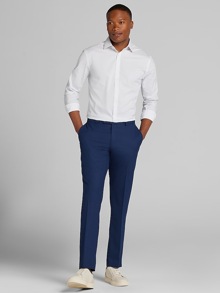 Egara Navy Blue Dot Skinny Fit Dress Shirt in Size 15 32/33  Long Sleeve Cotton Blend Oxford Business Shirt