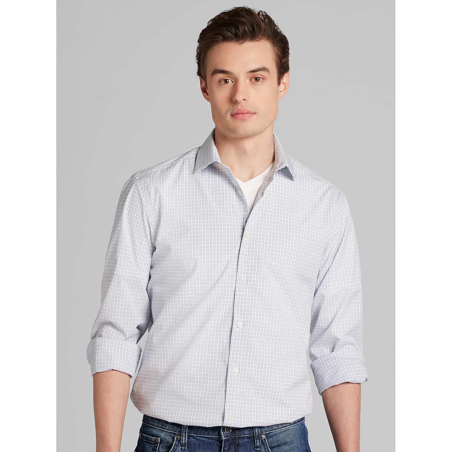 Awearness Kenneth Cole Slim Fit Ultra Performance Stretch Mini Plaid Dress Shirt in Light Blue and Navy – Size 14 1/2 32/33