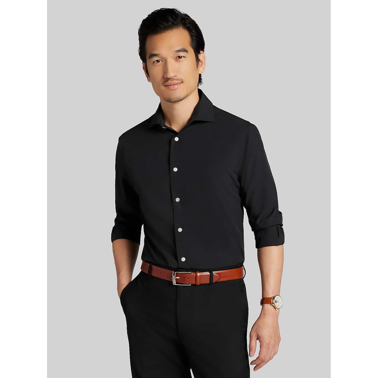 Wilke-Rodriguez Big & Tall Modern Fit Stretch Dress Shirt in Black – Men’s Long Sleeve Spread Collar Shirt, Size 18 34/35