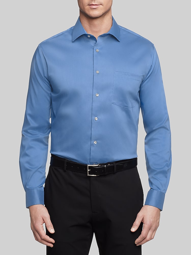 slim fit dress slacks Mens Cotton Blue Striped Slim Fit Spread Collar Wrinkle Free Dress Shirt
