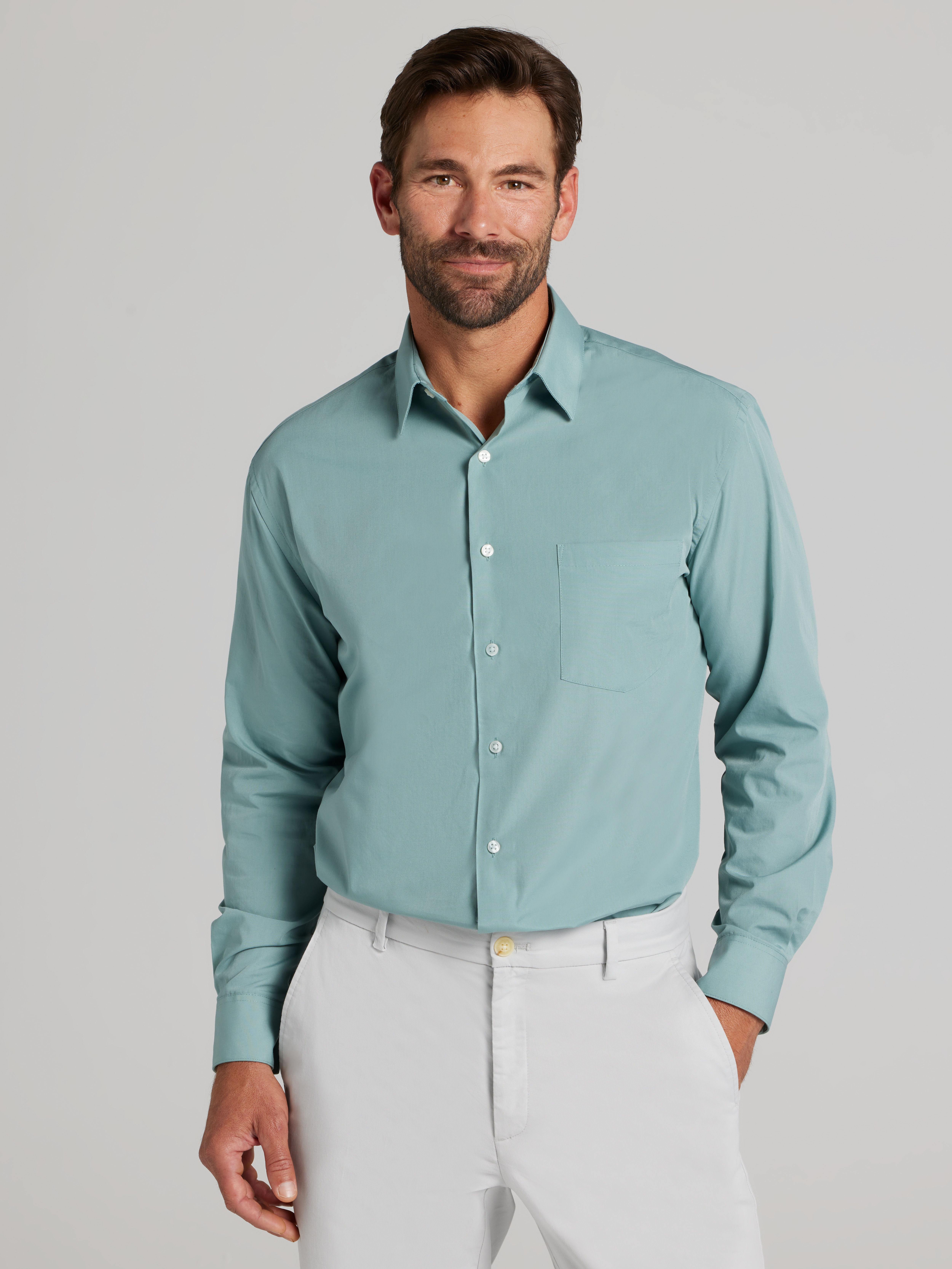 van heusen men's fitted poplin dress shirt Van Heusen Mens Fitted Lux Sateen Solid Dress Shirt, Size Large – Vanessa  Jane main image 1