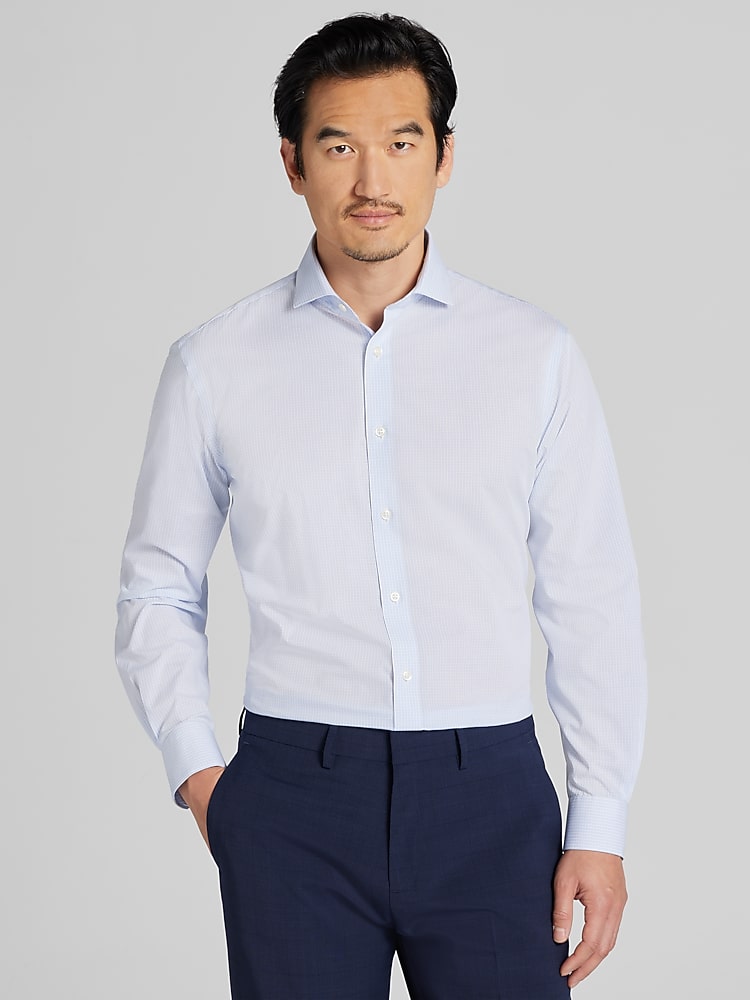 Wilke-Rodriguez Slim Fit Mini Check Dress Shirt in Blue  Mens Long Sleeve Spread Collar Shirt, Size 15 32/33