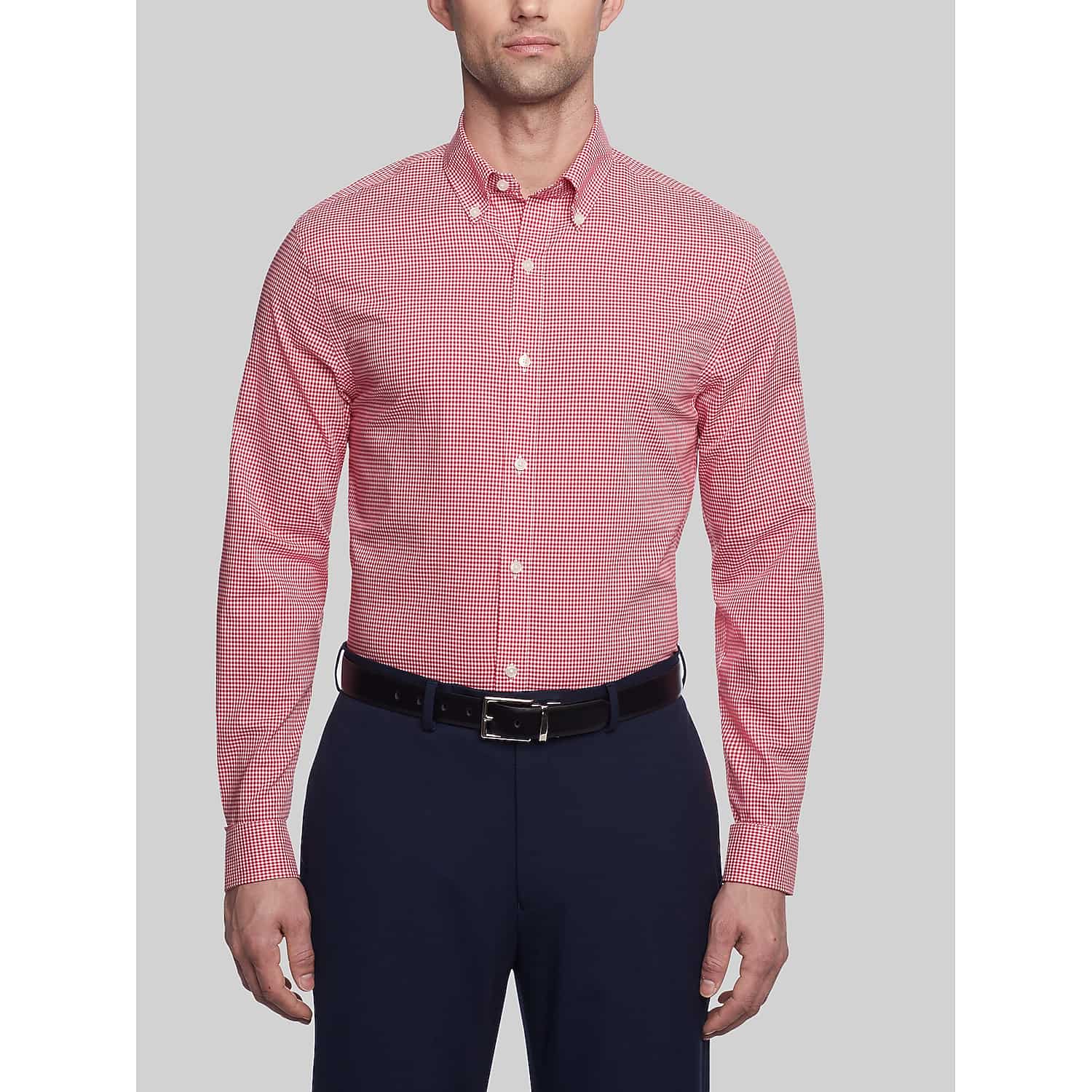 Tommy Hilfiger Slim Fit Check Dress Shirt in Red – Long Sleeve Button-Down Cotton Shirt, Size 16 1/2 32/33