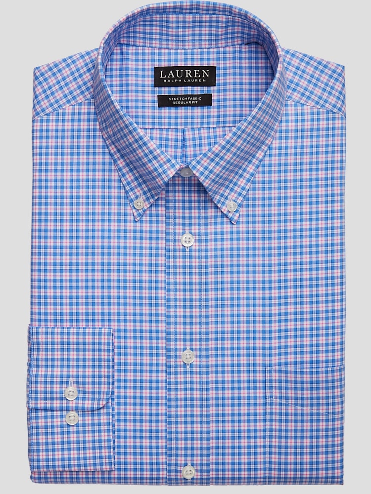 Lauren by Ralph Lauren Men's Classic Fit Ultraflex Dress Shirt at Men's Wearhouse, Blue Plaid - Size: 15 1/2 32/33