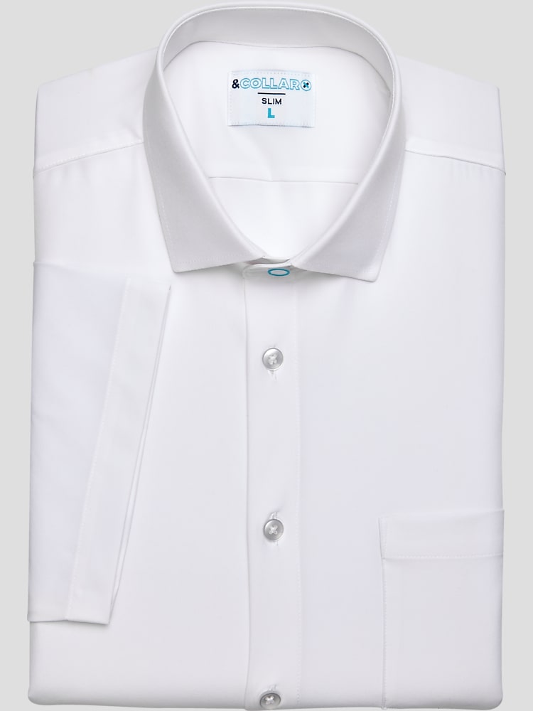 &Collar Slim Fit White Short Sleeve Dress Shirt in Size M 32/33  Moisture-Wicking Stretch Button-Down Shirt for Work, Weddings and Prom