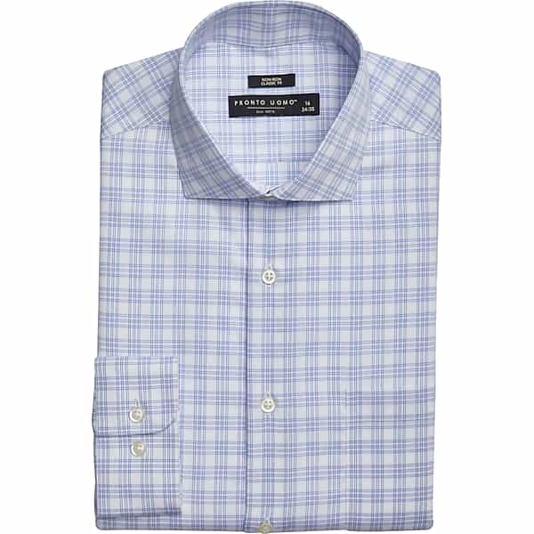 Pronto Uomo Men's Classic Fit Spread Collar Dress Shirt Blue Check - Size: 17 34/35 - Only Available at Men's Wearhouse