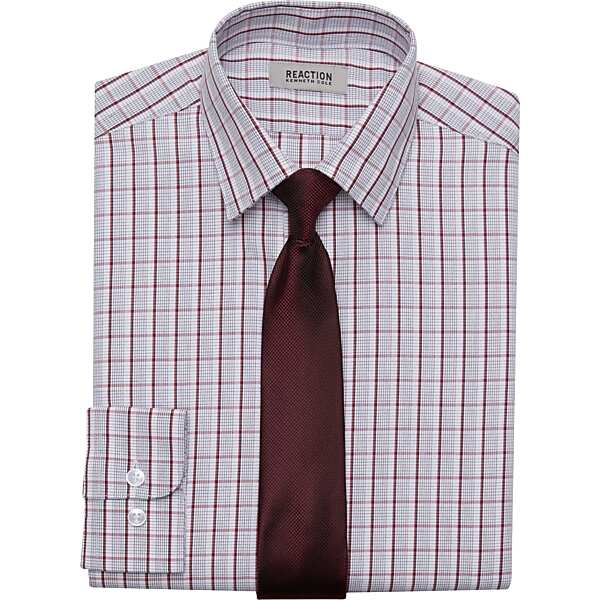 Kenneth Cole Reaction Slim Fit Cotton Blend Boys Dress Shirt Tie Set Burgundy Check