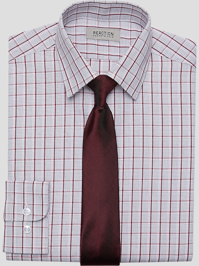 Kenneth Cole Reaction Slim Fit Cotton Blend Boys Dress Shirt & Tie Set , Burgundy Check
