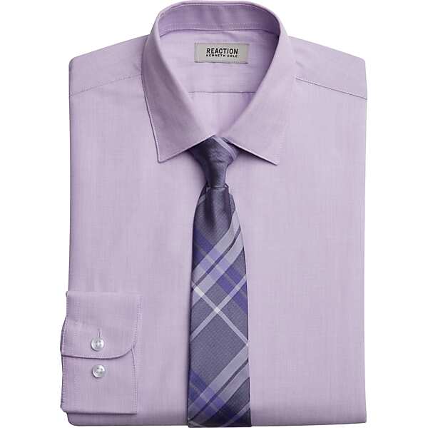 Kenneth Cole Reaction Slim Fit Cotton Blend Boys Dress Shirt Tie Set Lavender Check