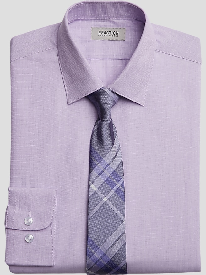 Kenneth Cole Reaction Slim Fit Cotton Blend Boys Dress Shirt & Tie Set , Lavender Check / Purple