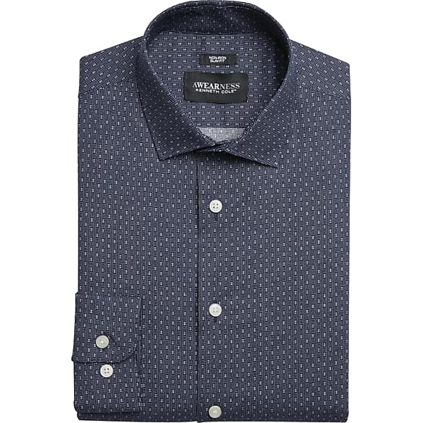 Awearness Kenneth Cole Men's Slim Fit Print Spread Collar Dress Shirt Navy Fancy - Size: 17 1/2 34/35