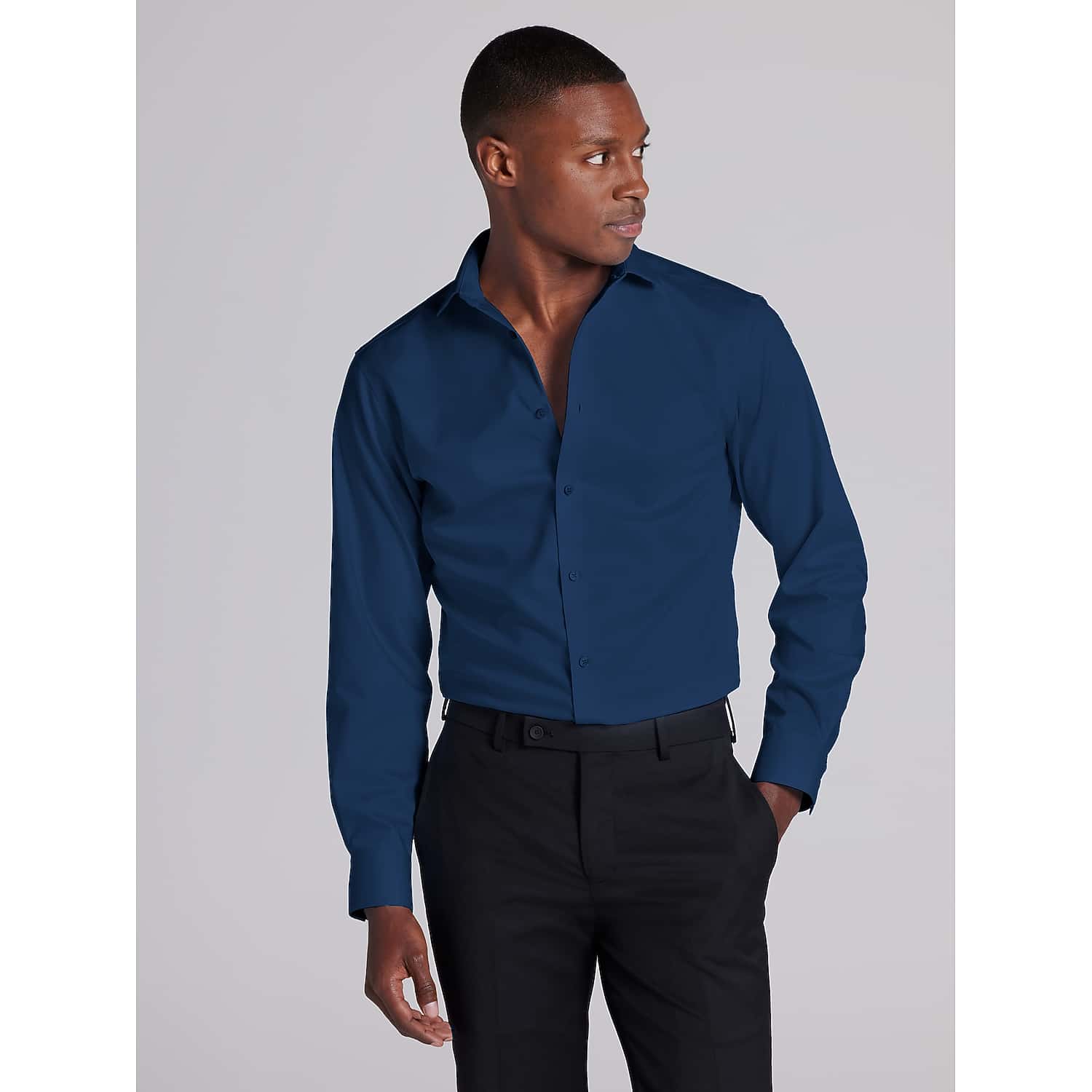 Awearness Kenneth Cole Slim Fit Performance Dress Shirt for Men in Navy Solid Blue – Stretch Cotton Work Shirt, Size 17 32/33