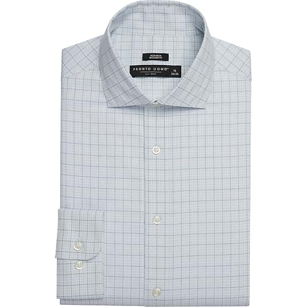 Pronto Uomo Men's Modern Fit 100% Cotton Plaid Dress Shirt Blue Fancy - Size: 18 34/35 - Only Available at Men's Wearhouse TMW5G9580591