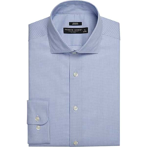 Pronto Uomo Big & Tall Men's Modern Fit 100% Cotton Spread Collar Mini Check Dress Shirt Light Blue Check - Size: 19 34/35 - Only Available at Men's Wearhouse TMW5G9790523