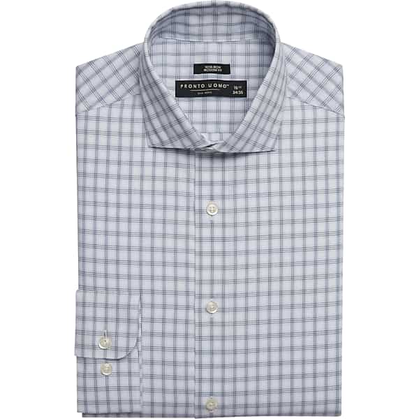 Pronto Uomo Men's Modern Fit Spread Collar Triple Check Dress Shirt Blue Check - Size: 17 34/35 - Only Available at Men's Wearhouse