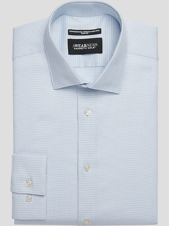 Awearness Kenneth Cole Big & Tall Men's Slim Fit Ultra Performance Stretch Dobby Mini Check Dress Shirt , Light Blue Check